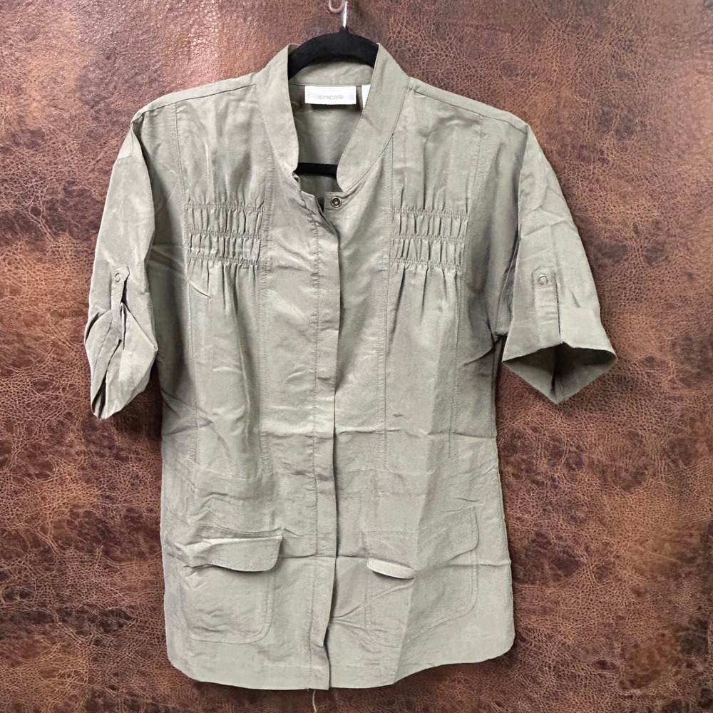Chico's Green Snap Front Ruched Olive‎ Tab Sleeve Military Tie Back Small